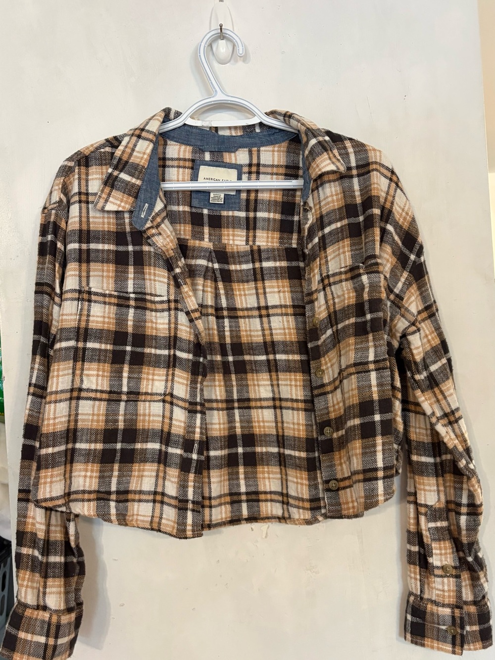 American Eagle Outfitters Brown and Cream Cropped Plaid Button-Up Shirt